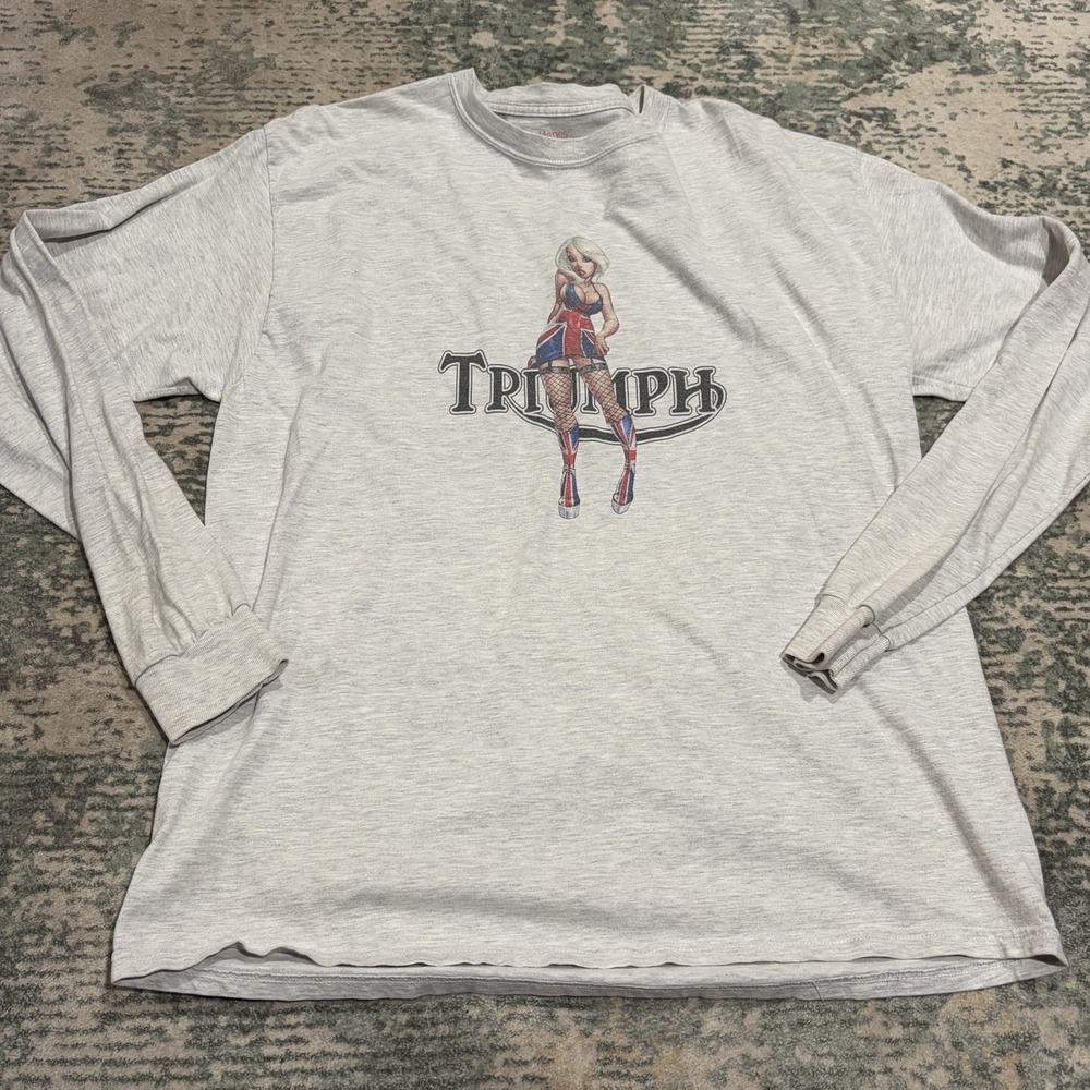 Y2K Triumph Motorcycles T Shirt Mens Large Hanes Beefy T Long Sleeve Pinup Girl